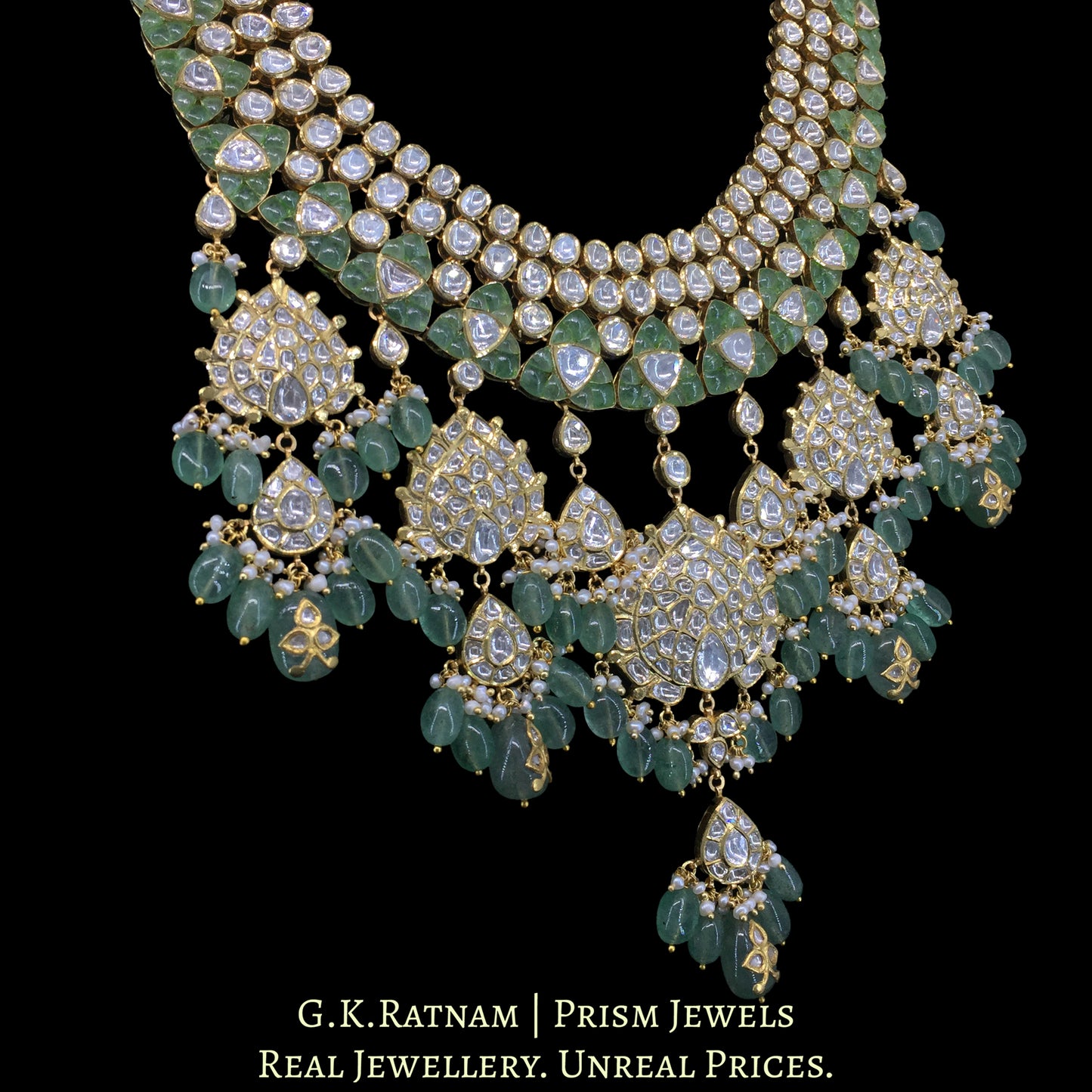 22k Gold and Diamond Polki Long Necklace Set with emerald-green Strawberry Quartz and Hyderabadi Pearls