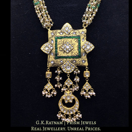 23k Gold and Diamond Polki fancy green Pendant with antiqued hyderabadi pearl chains - G. K. Ratnam