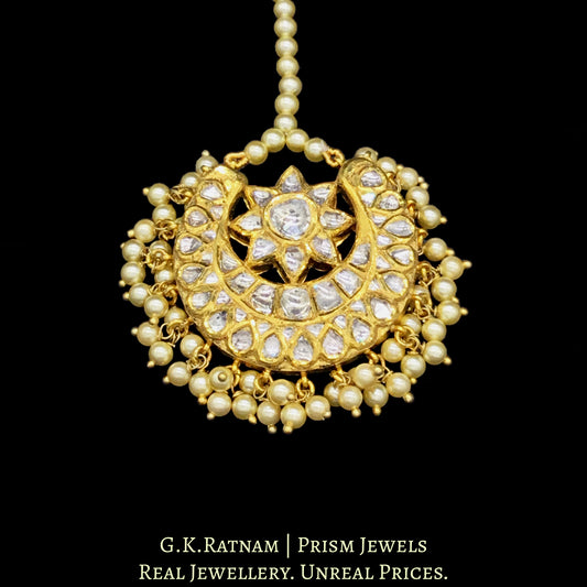 18k Gold and Diamond Polki Crescent Maang Tika with triple-coated shell pearls - G. K. Ratnam