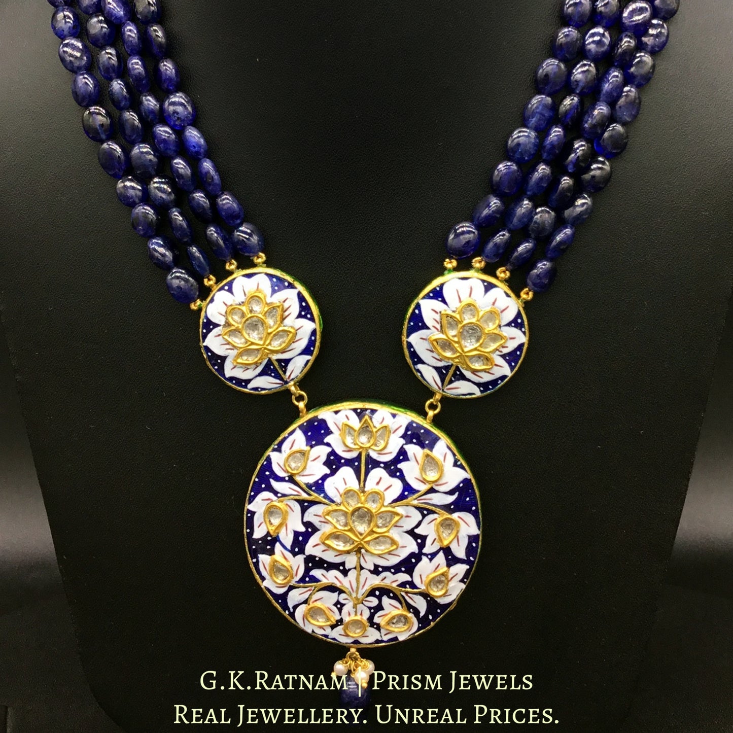 23k Gold and Diamond Polki Pendant with Blue and White Meenakari strung in Natural Blue Sapphires - G. K. Ratnam