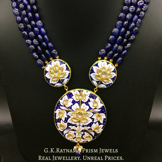 23k Gold and Diamond Polki Pendant with Blue and White Meenakari strung in Natural Blue Sapphires - G. K. Ratnam