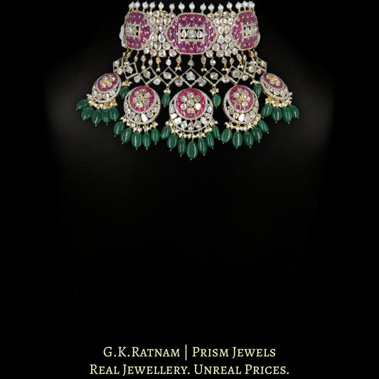 14k Gold and Diamond Polki Open Setting Choker Necklace Set with Rubies and emerald-grade Green Beryls