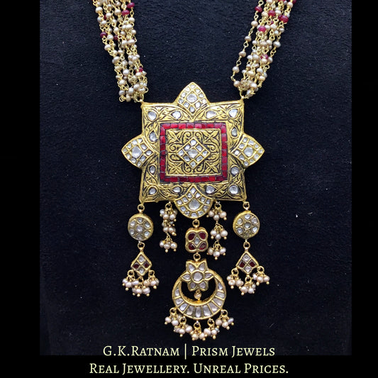 23k Gold and Diamond Polki fancy red Pendant Set with antiqued hyderabadi pearl chains
