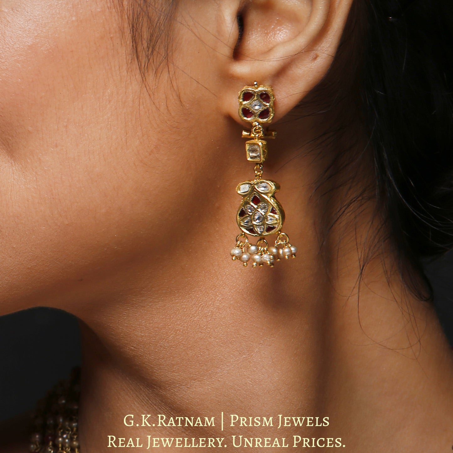 23k Gold and Diamond Polki fancy red Pendant Set with antiqued hyderabadi pearl chains