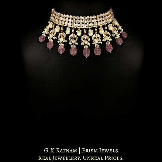 18k Gold and Diamond Polki Choker Necklace Set with inverted crescents motifs enhanced by hand-carved Strawberry Quartz Melons and Pearls