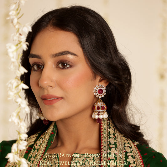 18k Gold and Diamond Polki Open Setting Jhumki Earring Pair with Rubies and Natural Freshwater Pearls