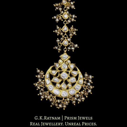 18k Gold and Diamond Polki Maang Tika strung in Antiqued Freshwater Pearls