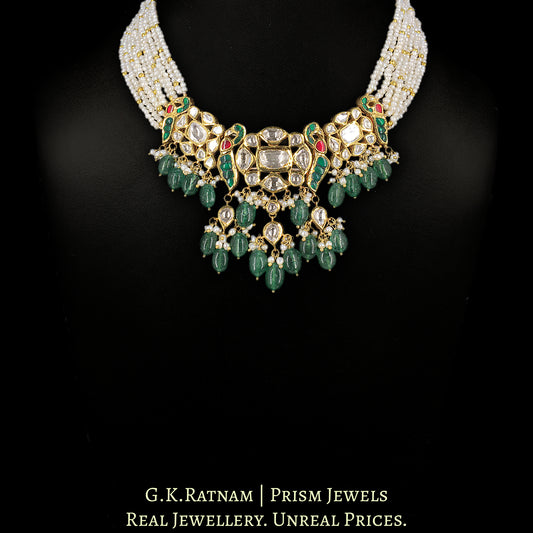 22k Gold and Diamond Polki Necklace with Natural Freshwater Pearls and Strawberry Quartz - G. K. Ratnam