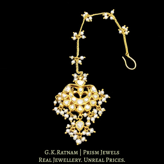18k Gold and Diamond Polki Maang Tika with Natural Hyderabadi Pearl clusters - G. K. Ratnam
