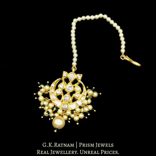 18k Gold and Diamond Polki Maang Tika with a hint of green in triple-coated shell pearls - G. K. Ratnam