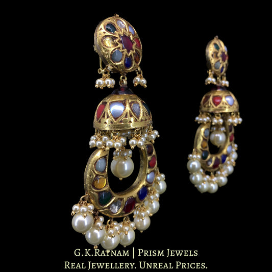 23k Gold and Diamond Polki Navratna Chand Bali with Jhumkis - G. K. Ratnam