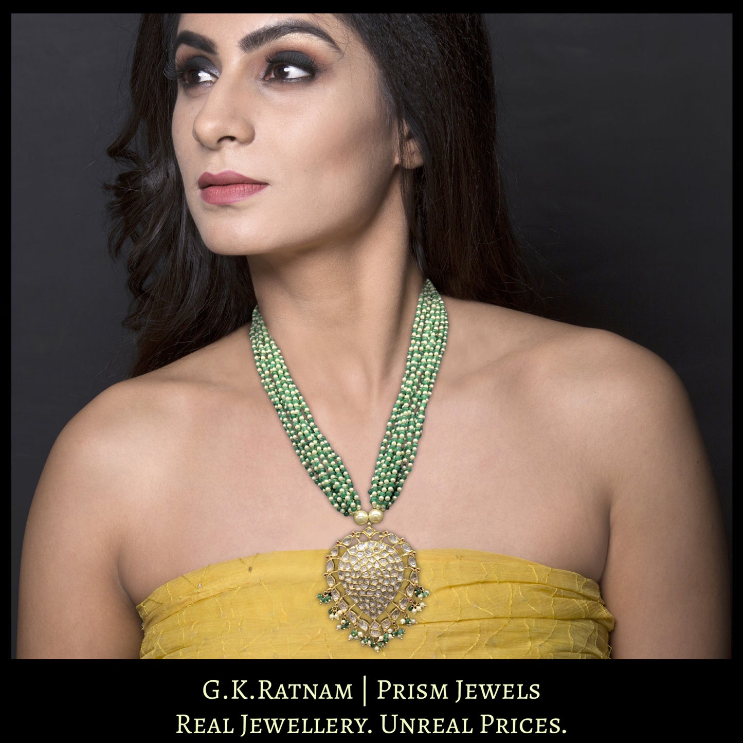 18k Gold and Diamond Polki Pendant Set strung with Pearls and Beryls