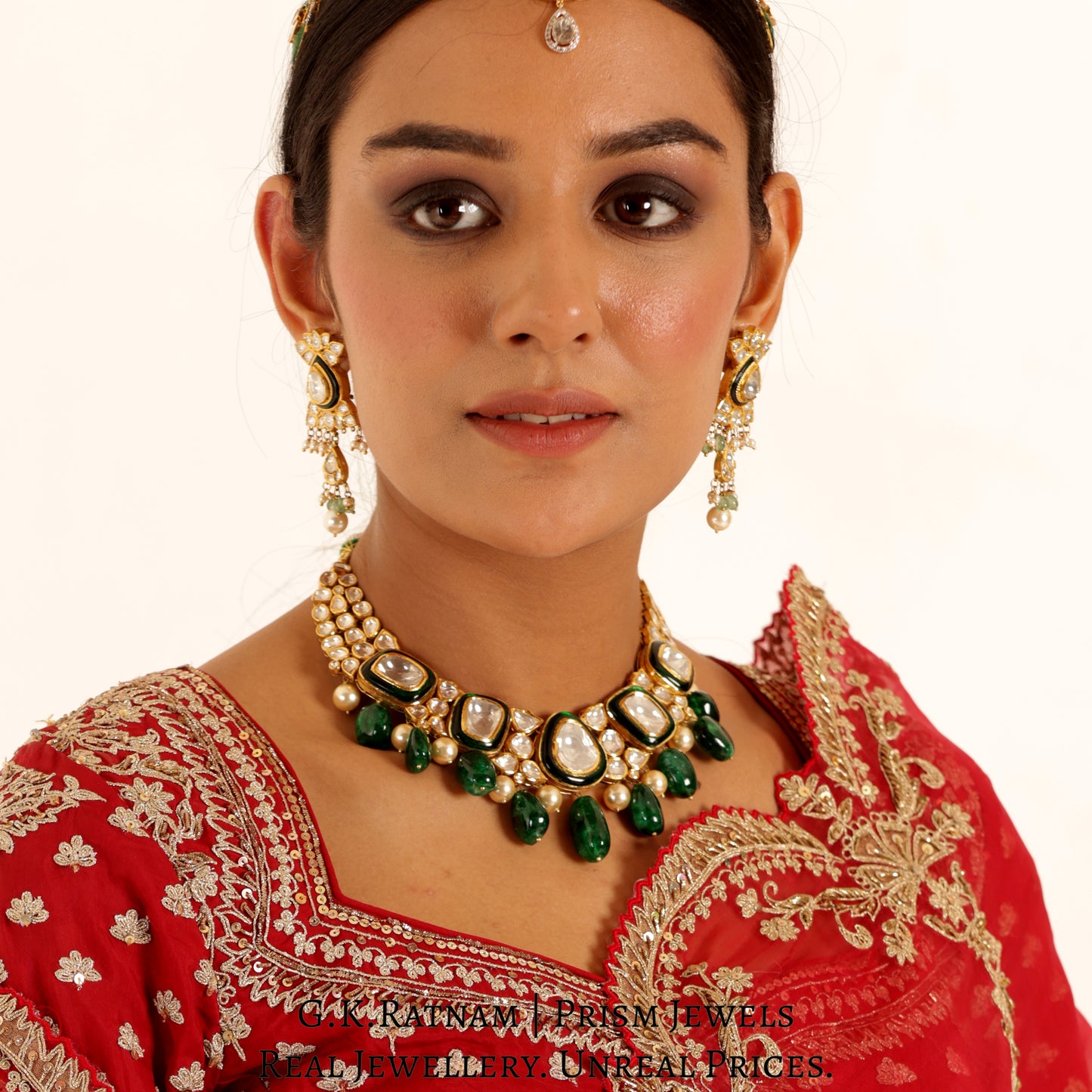 18k Gold and Diamond Polki Necklace with emerald-grade chunky Beryl Hangings