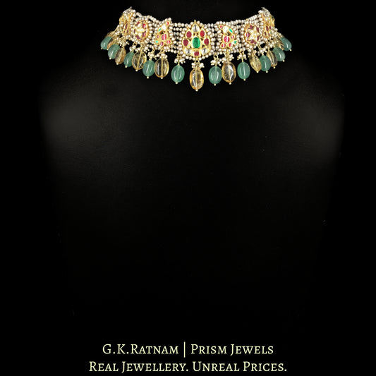 18k Gold And Diamond Polki Choker Necklace Set strung in Antiqued Hyderabadi Pearls - G. K. Ratnam