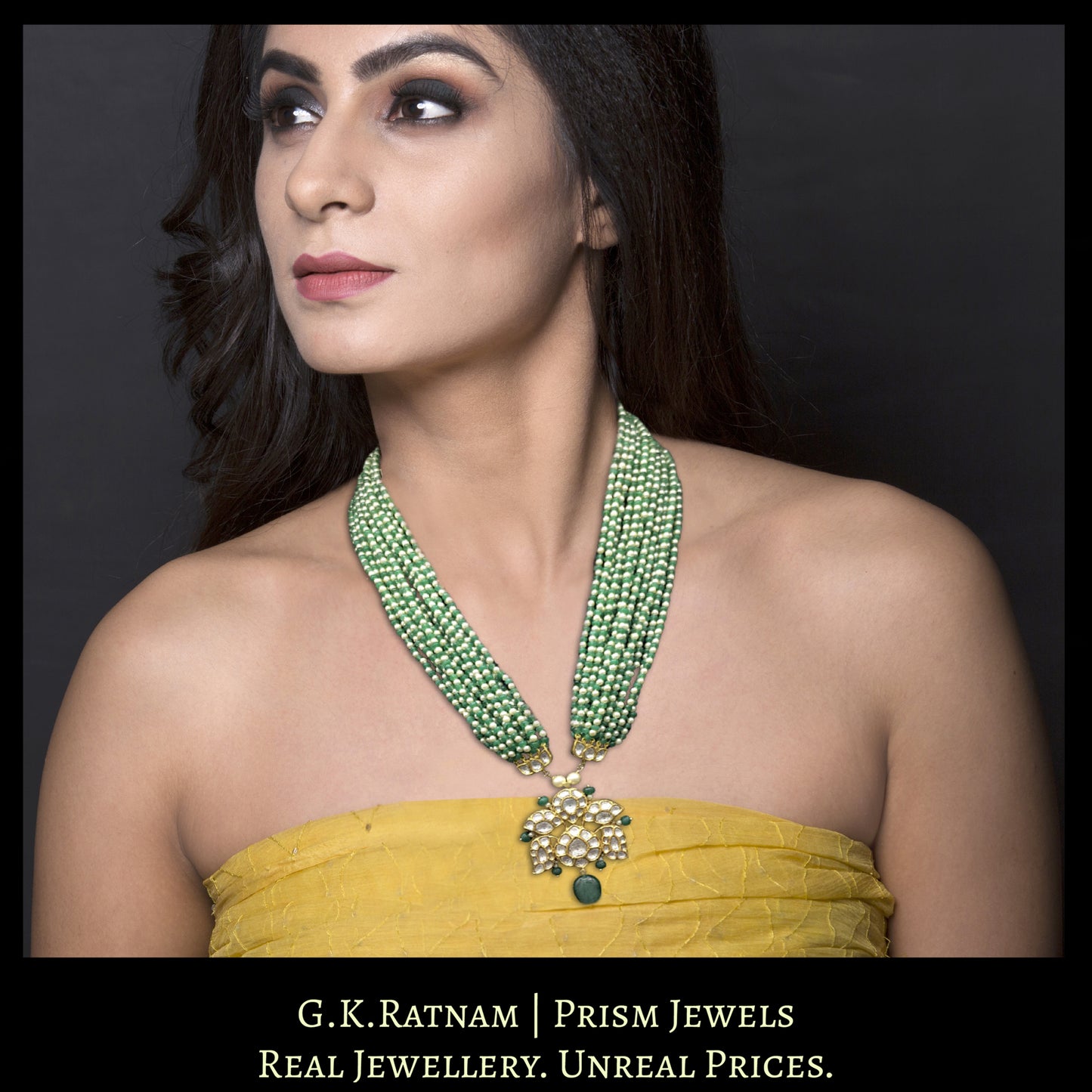 18k Gold and Diamond Polki Pendant strung with Pearls and Beryls