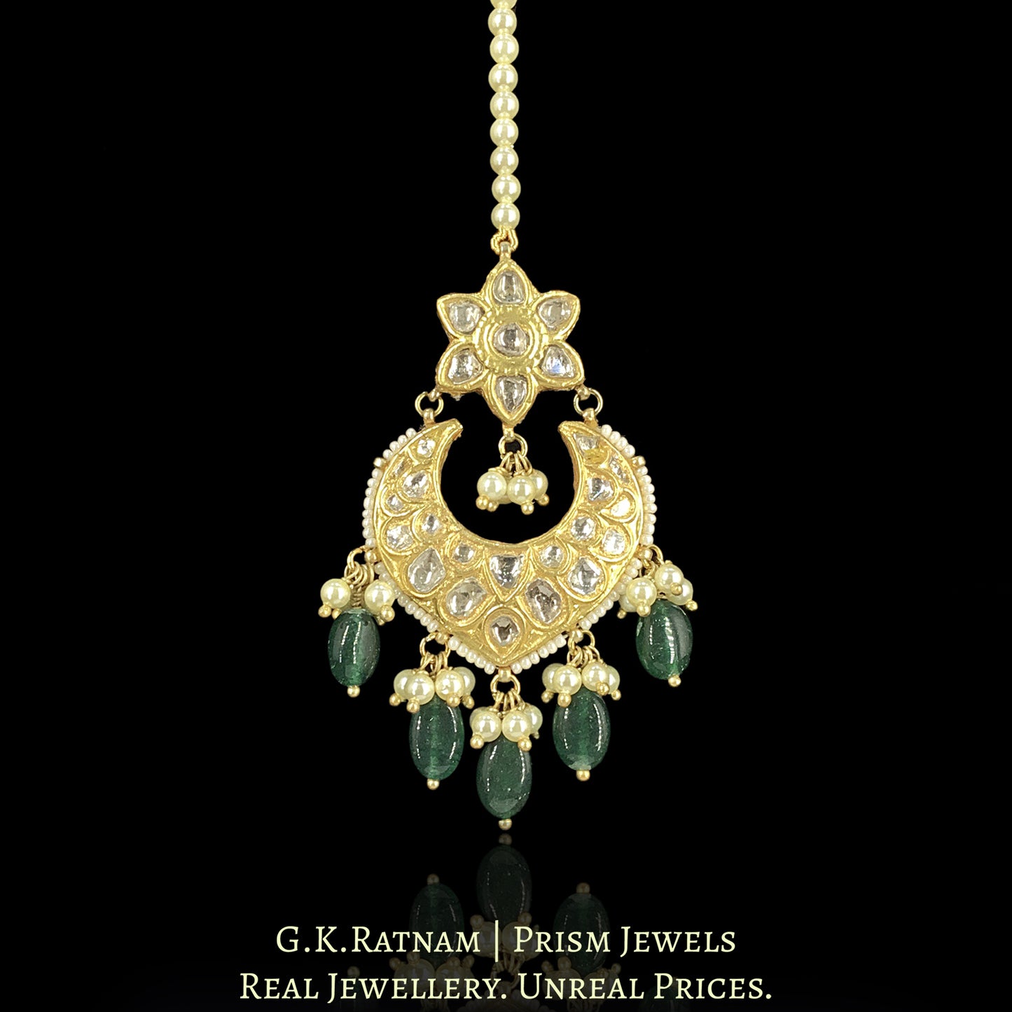 23k Gold and Diamond Polki Maang Tika Strung In Pearls and Green Strawberry Quartz