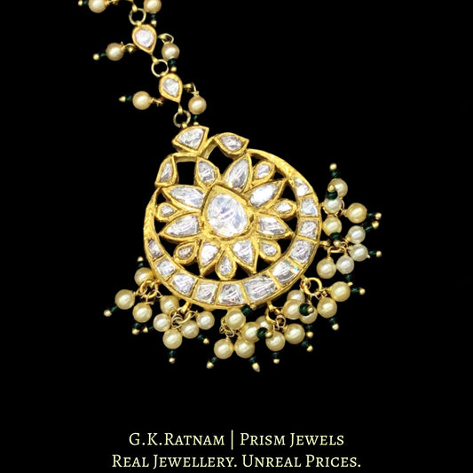 18k Gold and Diamond Polki big Maang Tika enhanced with pearls and a hint of green