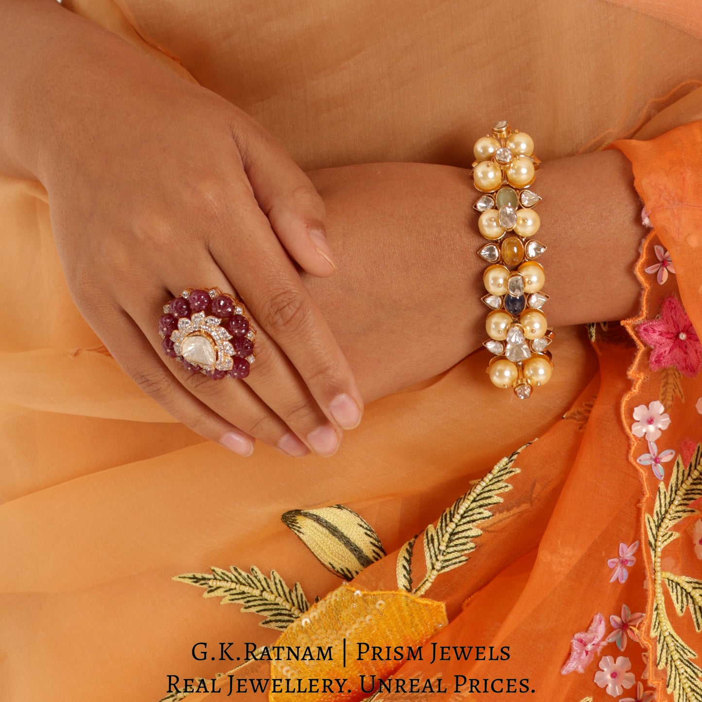 18k Gold and Diamond Polki Open Setting Bracelet with Navratna Stones