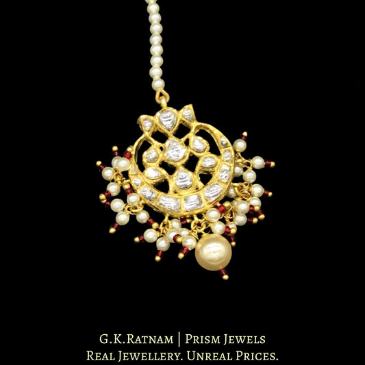 18k Gold and Diamond Polki Maang Tika with a hint of red in triple-coated shell pearls - G. K. Ratnam