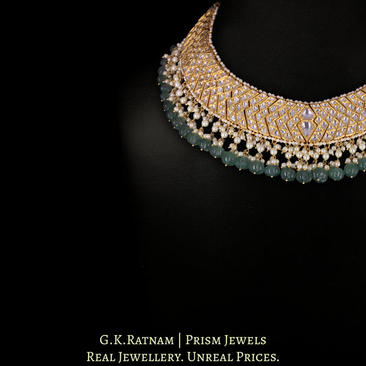 22k Gold and Diamond Polki W-Necklace with Green Strawberry Quartz Melons and Pearls