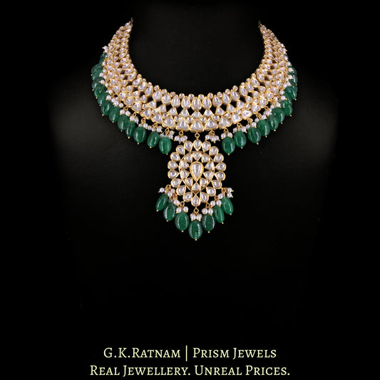 18k Gold and Diamond Polki Necklace Set with emerald-grade Green Beryls and Pearls