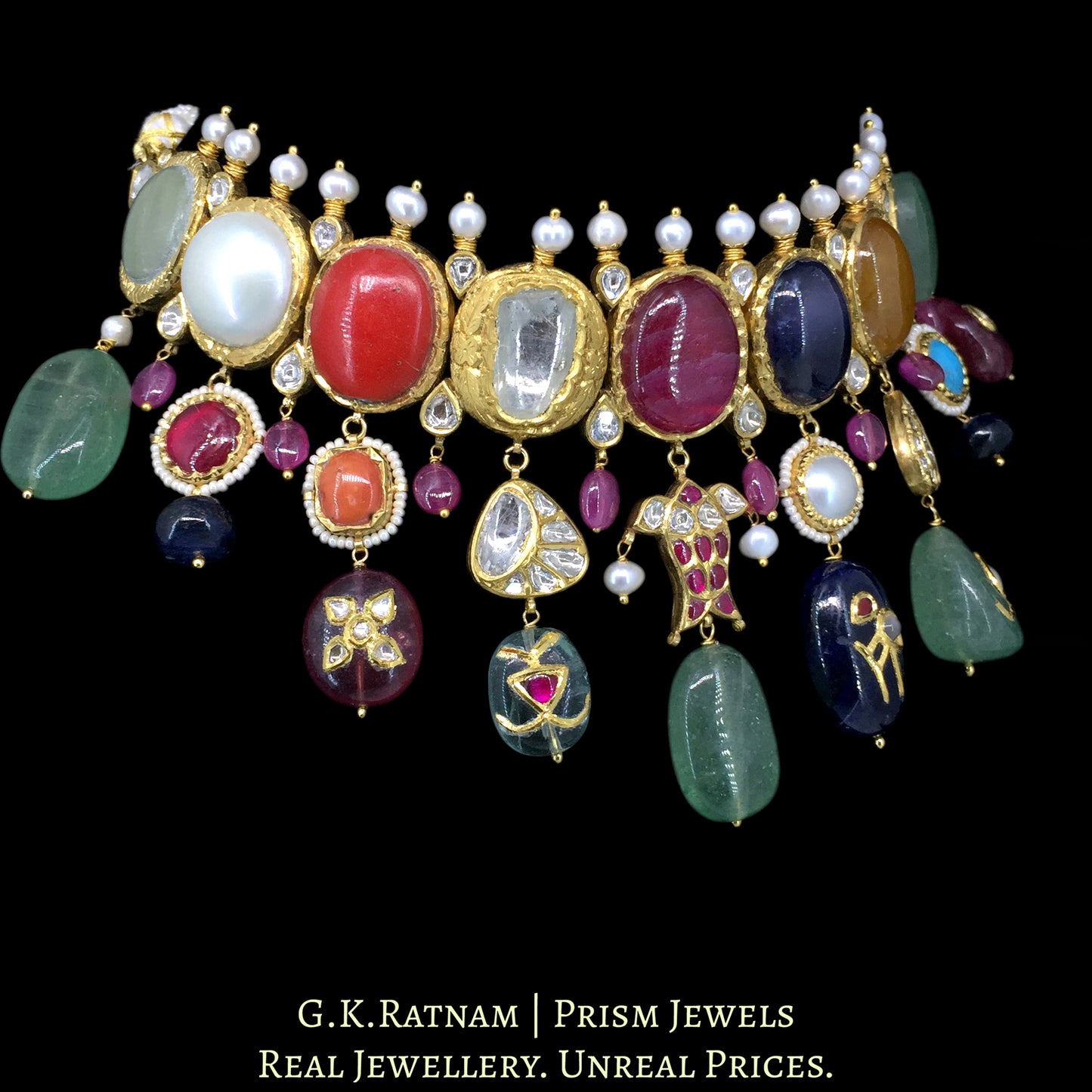 18k Gold and Diamond Polki Navratna Choker Necklace Set
