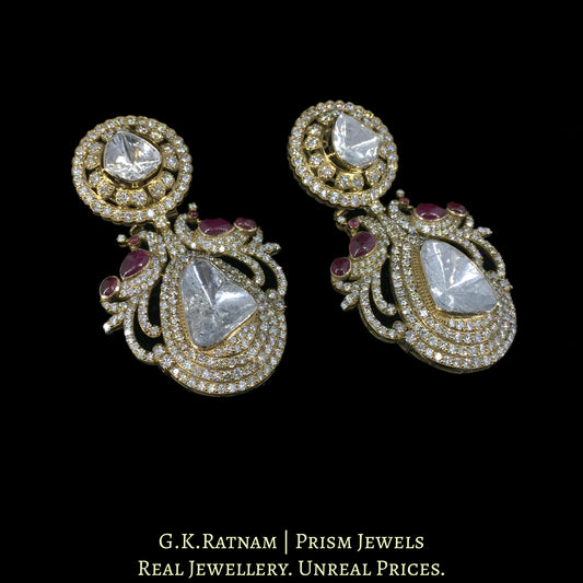 14k Gold and Diamond Polki Open Setting Long Earring Pair in victorian-finish