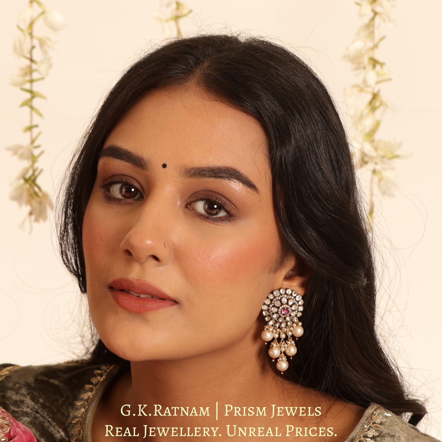 14k Gold and Diamond Polki Open Setting Choker Necklace Set with Antiqued Freshwater Pearls - G. K. Ratnam