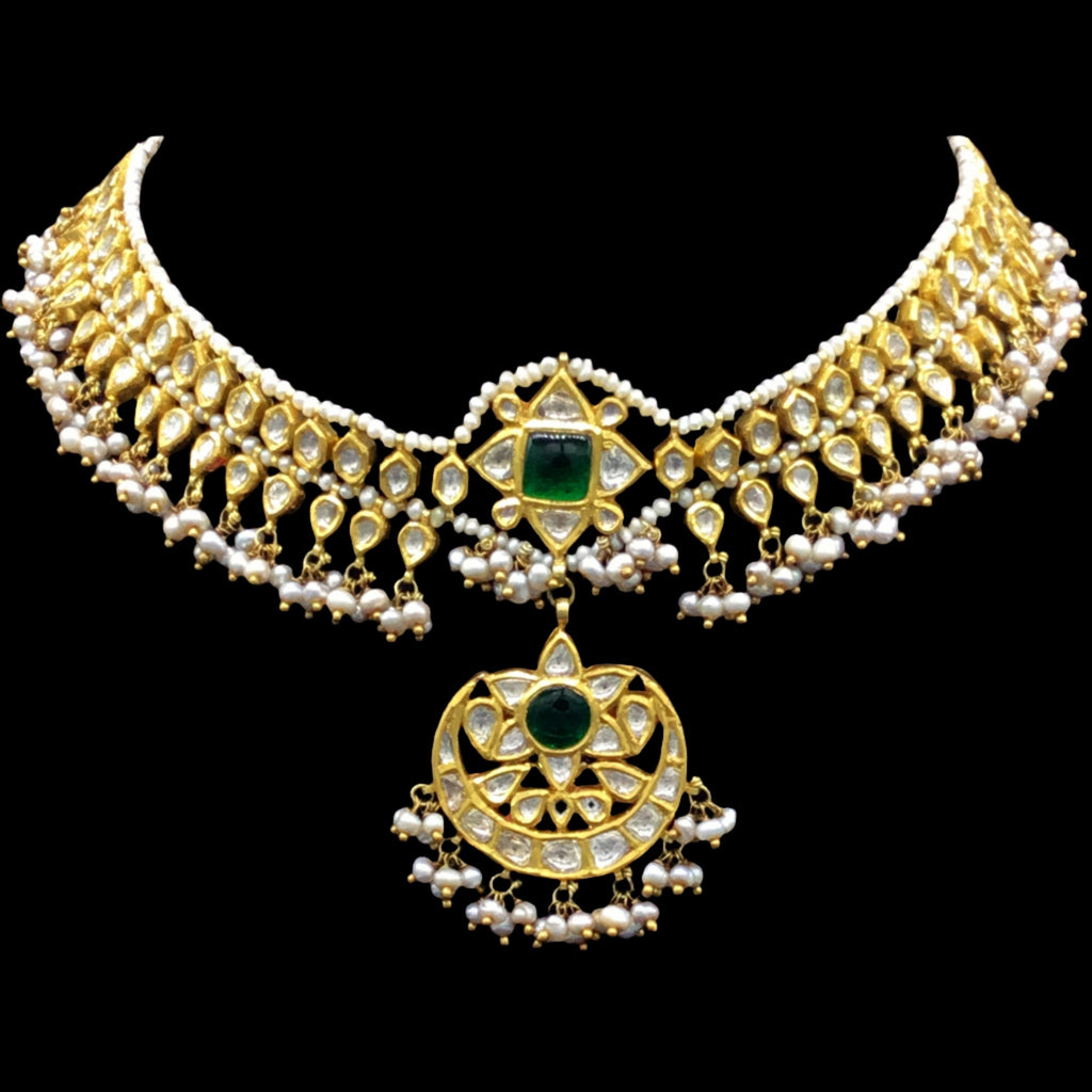 18k Gold and Diamond Polki Matha Patti with antiqued natural hyderabadi pearls - G. K. Ratnam