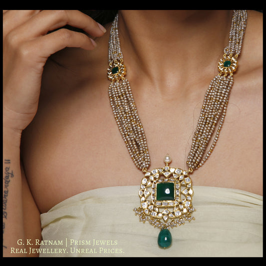 Traditional Gold and Diamond Polki Pendant strung with Antiqued Hyderabadi Pearls