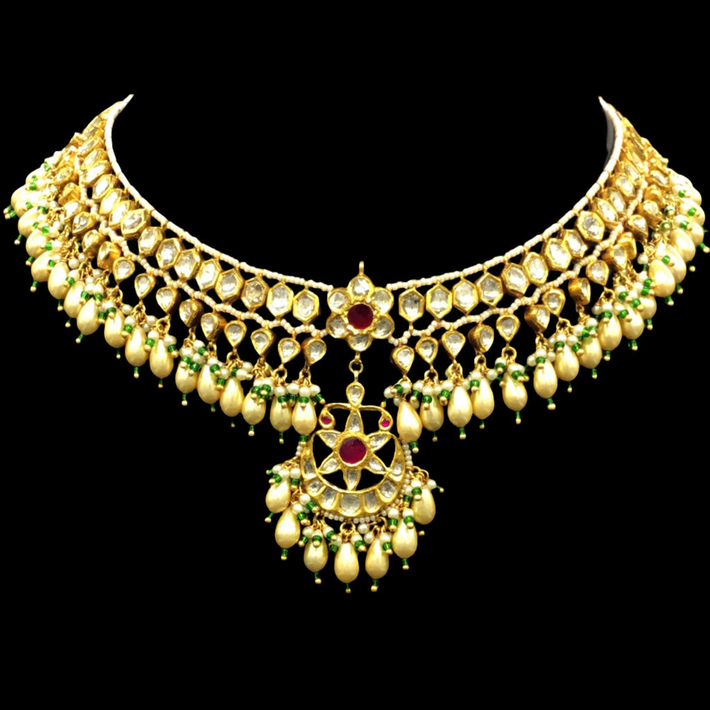 22k Gold and Diamond Polki Matha Patti enhanced with elongated pearls and a hint of green - G. K. Ratnam
