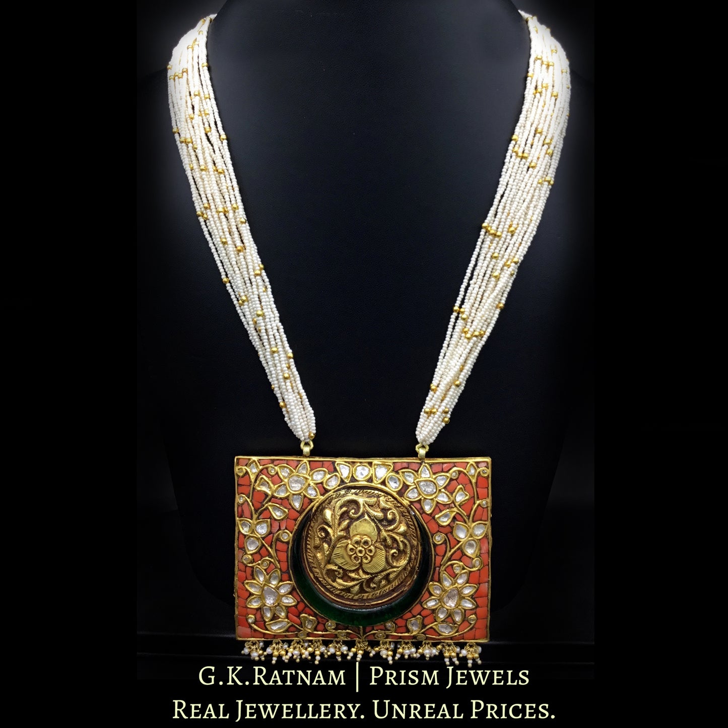18k Gold and Diamond Polki rectangle coral Pendant with chid pearl bunches