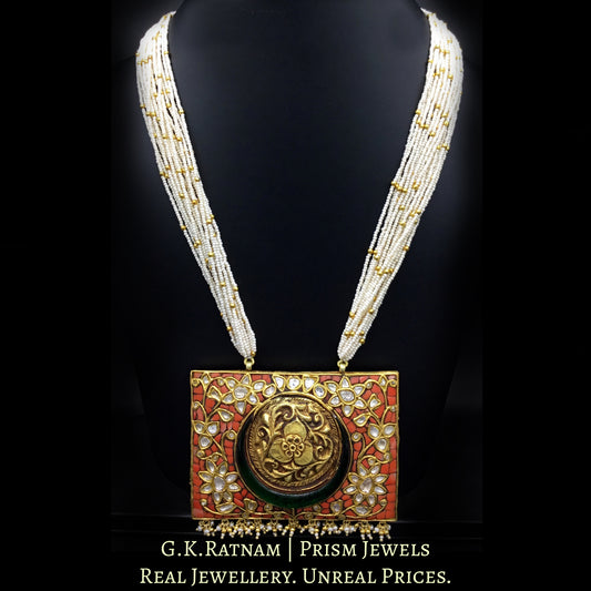 18k Gold and Diamond Polki rectangle coral Pendant with chid pearl bunches