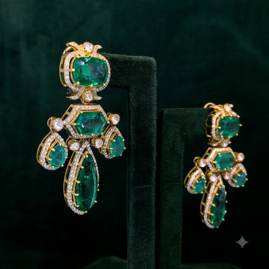 925 Silver Long Earring Pair with lab-grown Emeralds