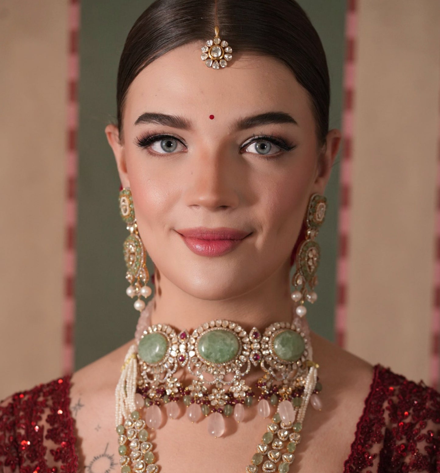 18k Gold and Diamond Polki Open Setting Necklace Set with Strawberry Quartz and Rose Quartz - G. K. Ratnam