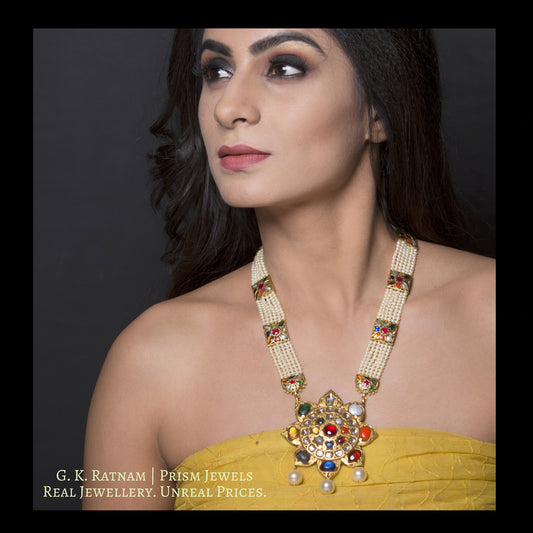 18k Gold and Diamond Polki star-shaped Navratana Pendant with Thappa Patrihaar / Ranihaar