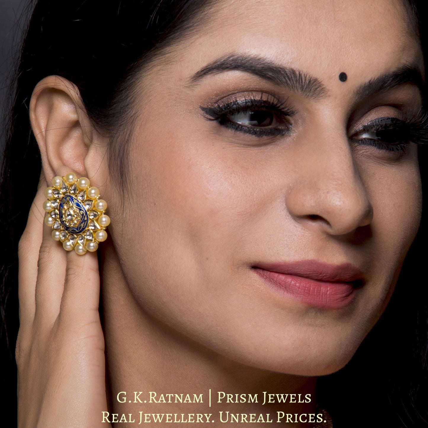 18k Gold and Diamond Polki Blue Enamel pear-shaped Pendant Set with chid bunches - G. K. Ratnam