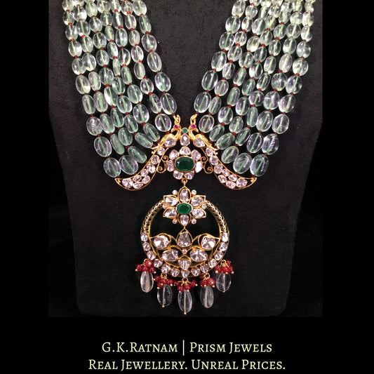 18k Gold and Diamond Polki Open Setting Peacock Pendant with Fluorites