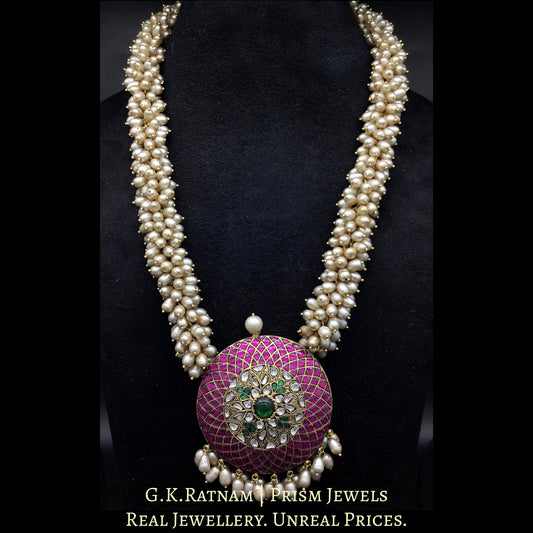 22k Gold and Diamond Polki Reversible Pendant with Antiqued Freshwater Pearl Chains
