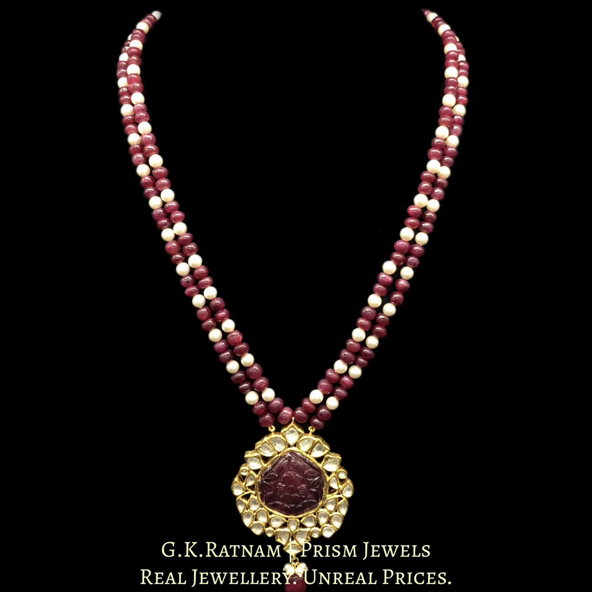 18k Gold and Diamond Polki Carved Ruby Pendant strung with Rubies