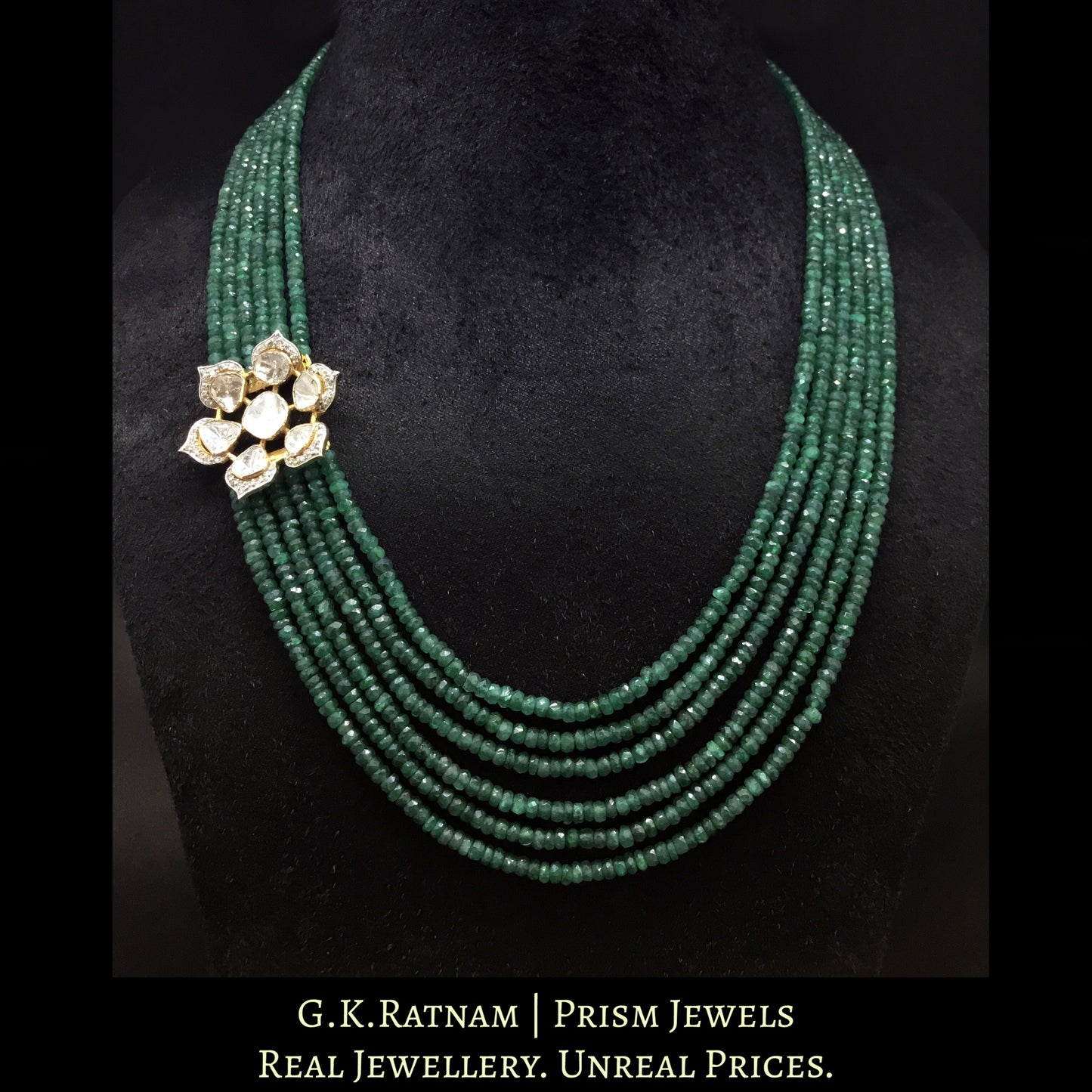 14K Gold and Diamond Polki Open Setting Floral Broach Necklace with emerald-grade Green Beryls