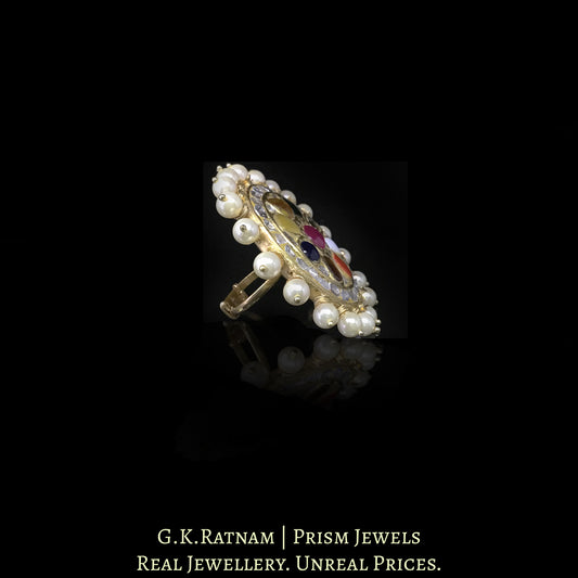 23k Gold and Diamond Polki Navratna Ring with Pearl Spikes - G. K. Ratnam