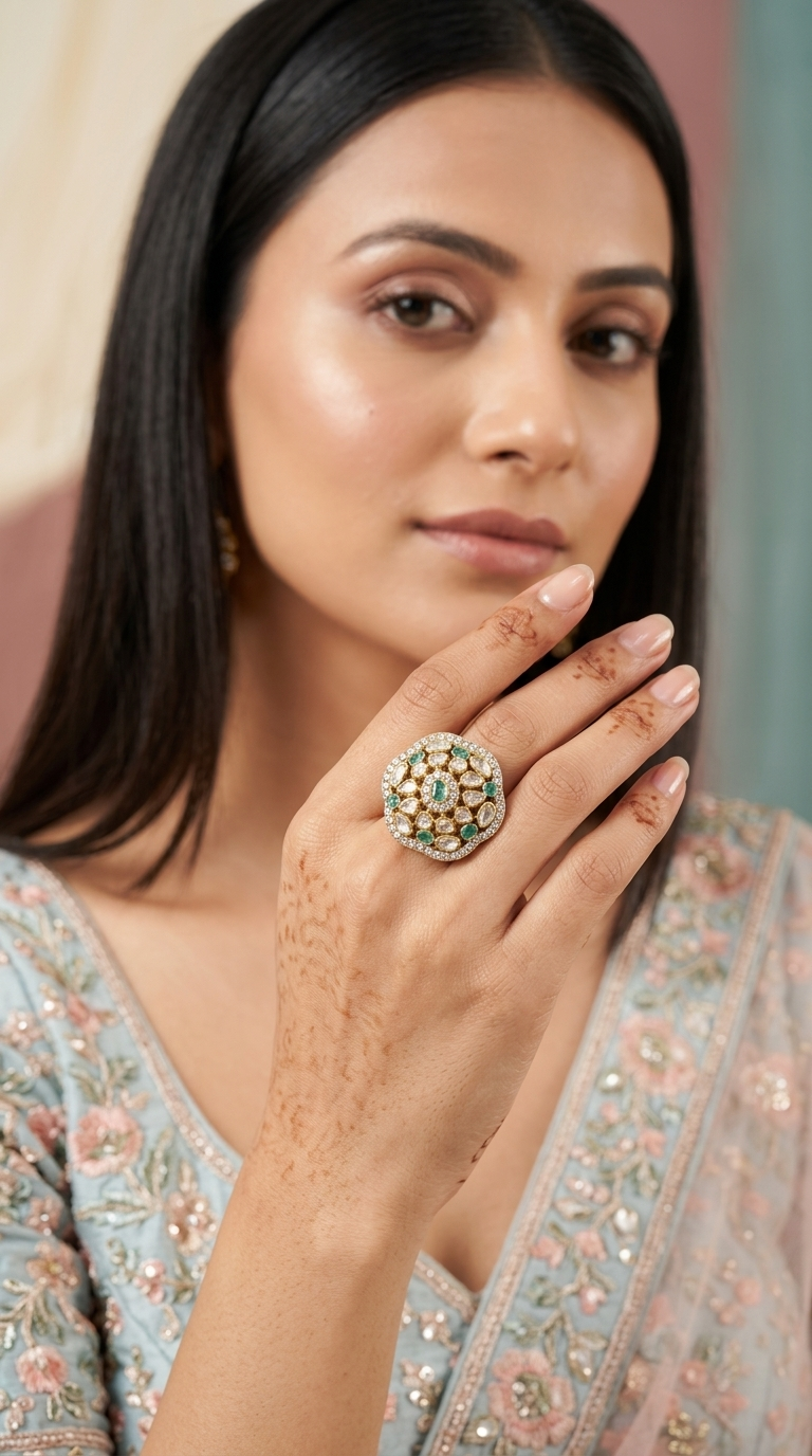 925 Silver victorian-finish Ring with Lab Grown Emeralds