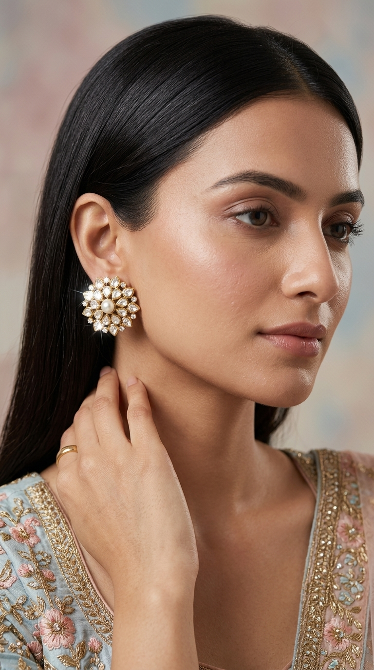 925 Silver and Moissanite Polki Karnfool Earring Pair