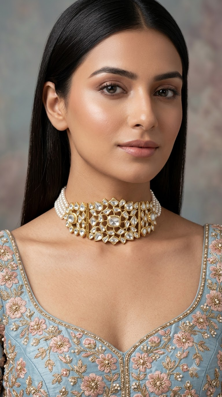 18k Gold and Diamond Polki Choker Necklace with Natural Freshwater Pearls