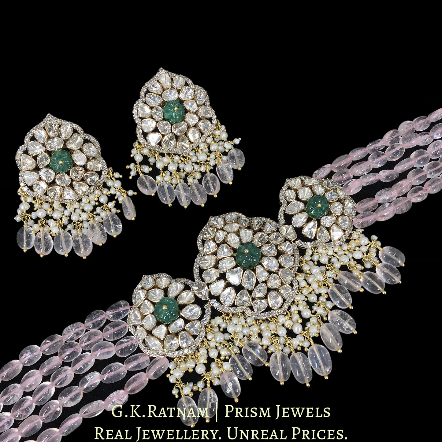 14k Gold and Diamond Polki Open Setting Choker Necklace Set strung in Morganites