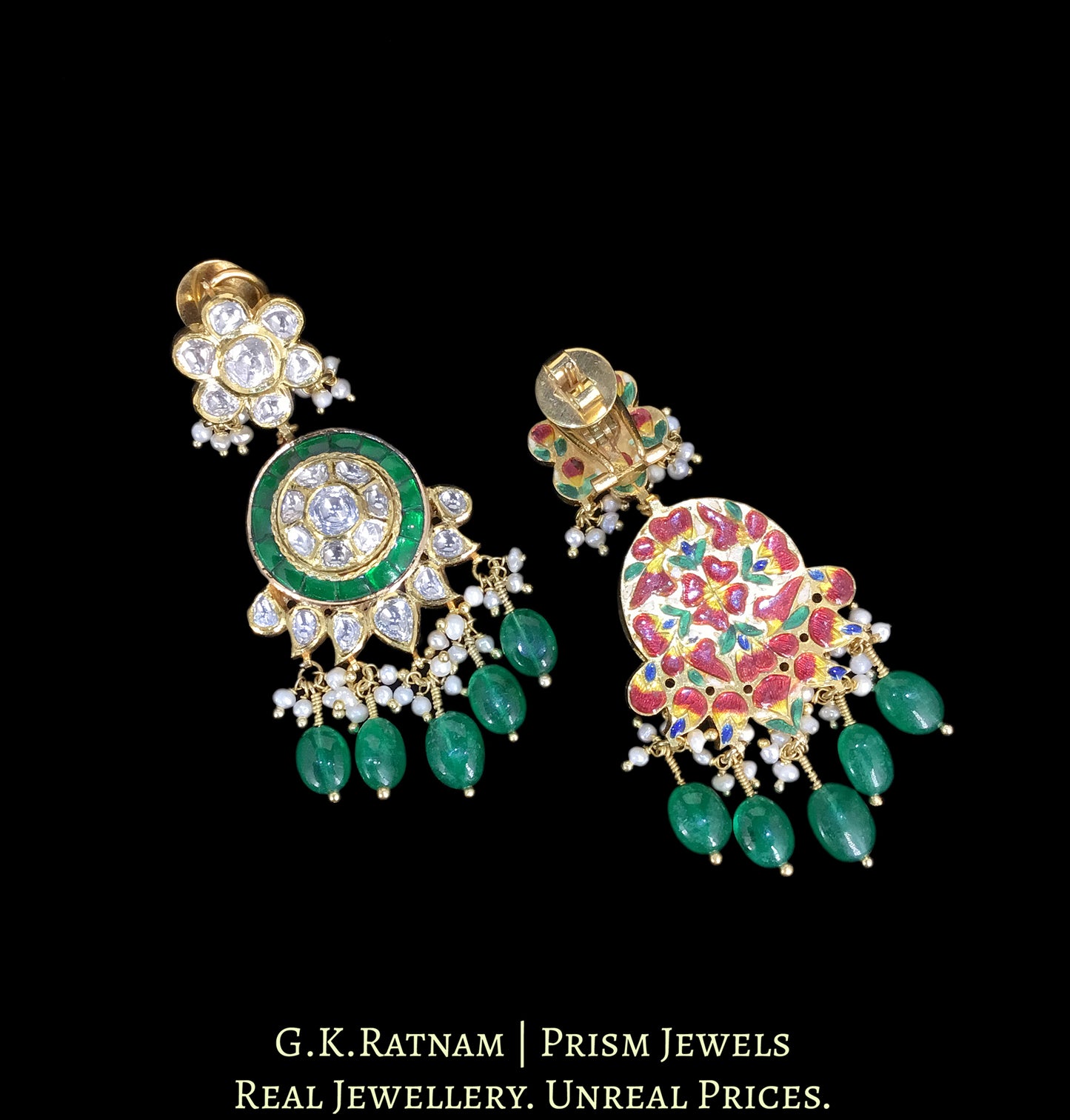 18k Gold and Diamond Polki Necklace Set with emerald-grade Green Beryls and Pearls