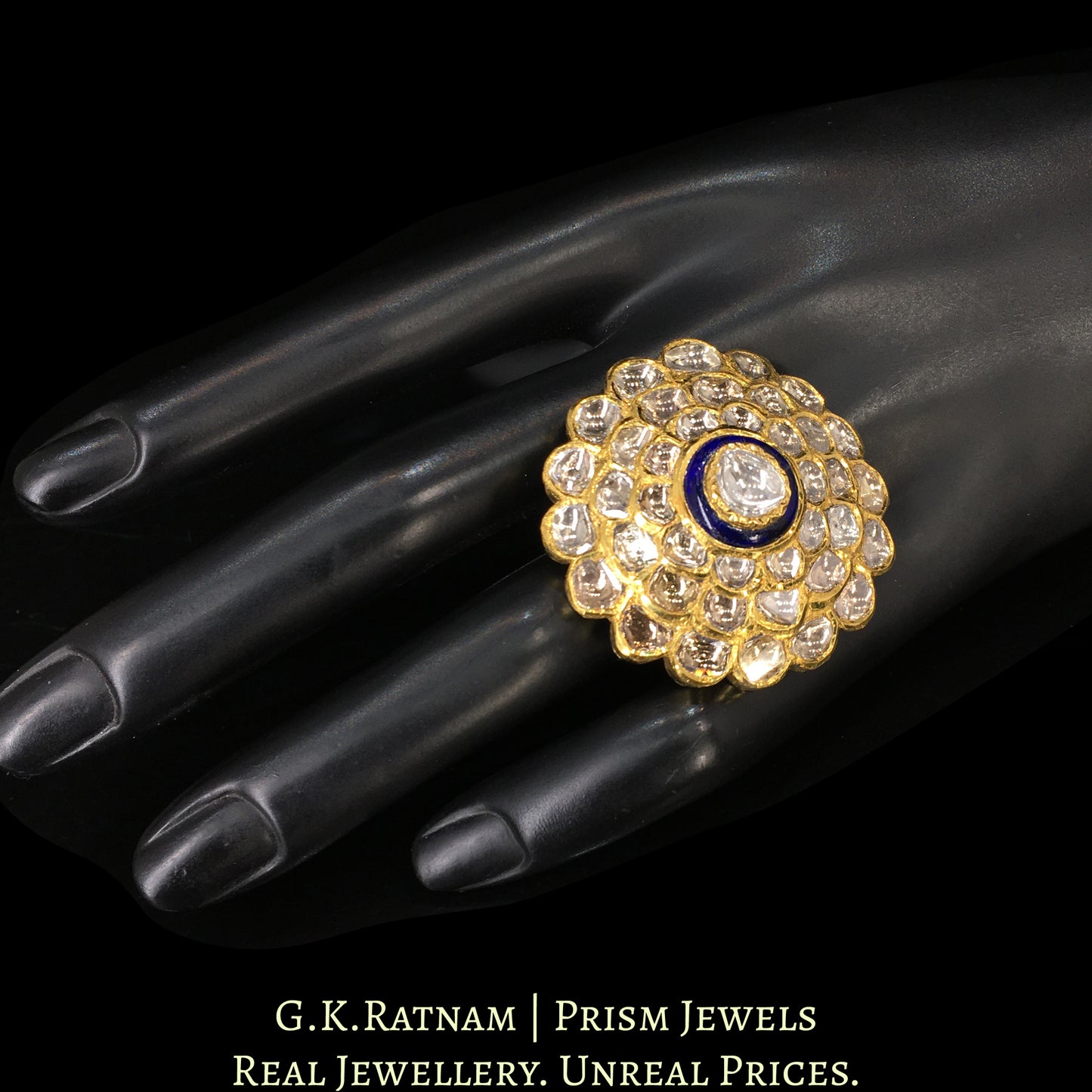 18k Gold and Diamond Polki Cocktail Ring with a hint of blue