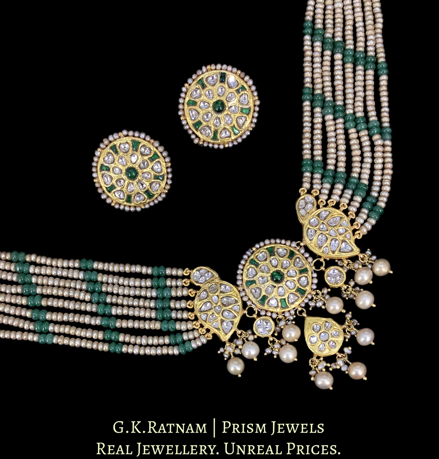 23k Gold and Diamond Polki Choker Necklace Set with Green Beryls and Antiqued Freshwater Pearls - G. K. Ratnam