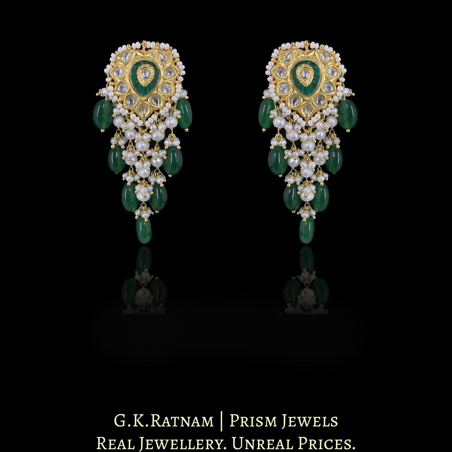 23k Gold and Diamond Polki Pendant Set with emerald-green Strawberry Quartz and Pearls - G. K. Ratnam